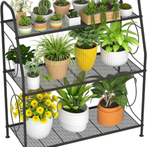 Plant Stand, 3 Tier Plant Shelf for Indoor Outdoor, Heavy Duty Metal Outdoor Plant Stand Holder Rack for Living Room Balcony and Garden, Black