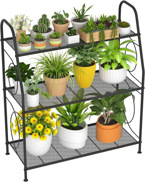 Plant Stand, 3 Tier Plant Shelf for Indoor Outdoor, Heavy Duty Metal Outdoor Plant Stand Holder Rack for Living Room Balcony and Garden, Black