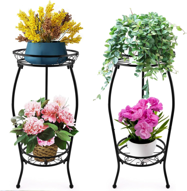 2 Pack 2 Tier Metal Plant Stands Indoor Outdoor, Tall Wrought Iron Flower Pot Shelf for Multiple Plants, Corner Plant Holder Rack for Patio Garden Kitchen Balcony Living Room