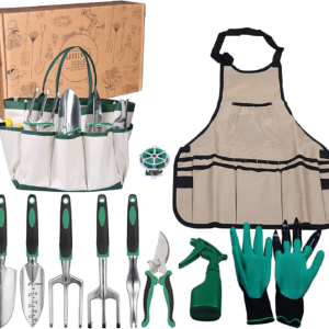 Handle Garden Planting Tools Set for Woman Man 11 Pieces for Gardening Gifts,Heavy Duty Aluminum Hand Tool with Apron,Storage Tote Bag