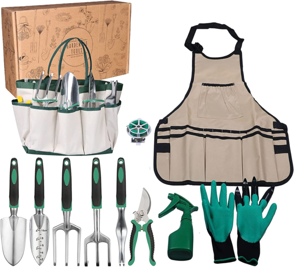 Handle Garden Planting Tools Set for Woman Man 11 Pieces for Gardening Gifts,Heavy Duty Aluminum Hand Tool with Apron,Storage Tote Bag