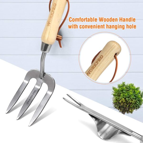 Garden Tools Set, 7 Piece, Stainless Steel Heavy Duty Gardening Tools with Wooden Handle, Including Garden Tote, Gloves, Trowel, Hand Weeder, Cultivator and More-Gardening Gifts for Women Men - Image 6