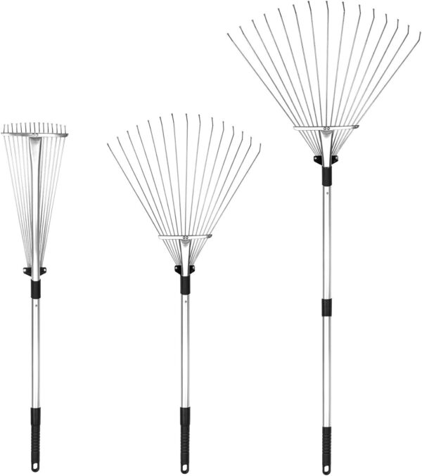 Adjustable Garden Leaf Rake - 24 to 63 Inch Telescopic Metal Rake, Expandable Folding Leaves Rake for Lawn Yard, Flowers Beds and Roof
