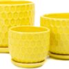 Yellow Ceramic Flower Pots with Saucers, Modern round Ceramic Succulent Plant Pots with Honeycomb Inspired Texture Design, Small to Medium Sized, Set of 3 - Image 4