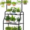 Plant Stand Indoor Outdoor, Heavy Duty Metal 3 Tiered Hanging Plant Shelf for Multiple Flower Planter Holder Tall Large Rack for Living Room Garden Balcony, Black