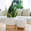 White Ceramic Flower Pots - 6.7 + 5.4 Inch Indoor Planters, Plant Containers in a Marble Ink Pattern with Rose Gold and Pink Detailing - Image 2