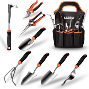 Garden Tool Set, 9 Piece Stainless Steel Heavy Duty Gardening Tool Set, with Non-Slip Rubber Grip, Storage Pocket, Ideal Garden Tool Kit Gift for Women/Parent