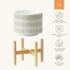 Ceramic Plant Pot with Wood Stand - 7.3 Inch Modern round Decorative Flower Pot Indoor with Wood Planter Holder, Beige and White - Image 5