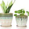 6 Inch + 5 Inch Ceramic Planter with Drainage Hole and Saucer for Plants, Indoor-Outdoor round Succulent Orchid Garden Flower Pot - Set of 2