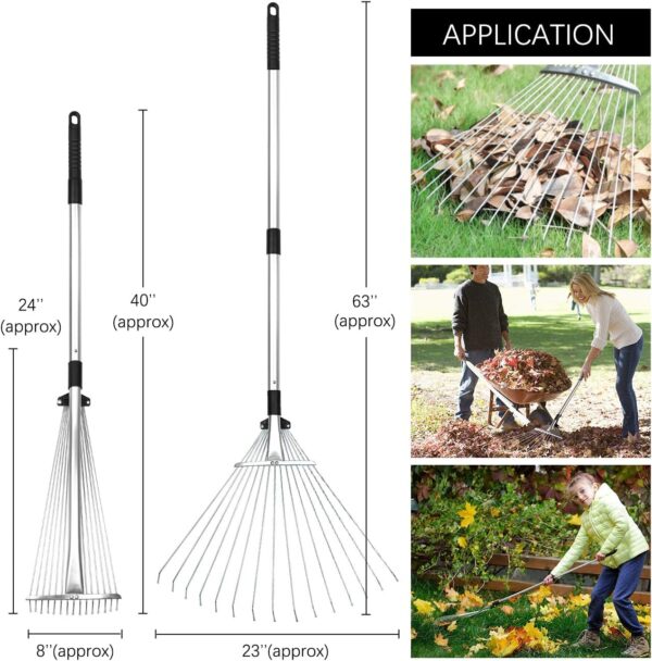 Adjustable Garden Leaf Rake - 24 to 63 Inch Telescopic Metal Rake, Expandable Folding Leaves Rake for Lawn Yard, Flowers Beds and Roof - Image 2