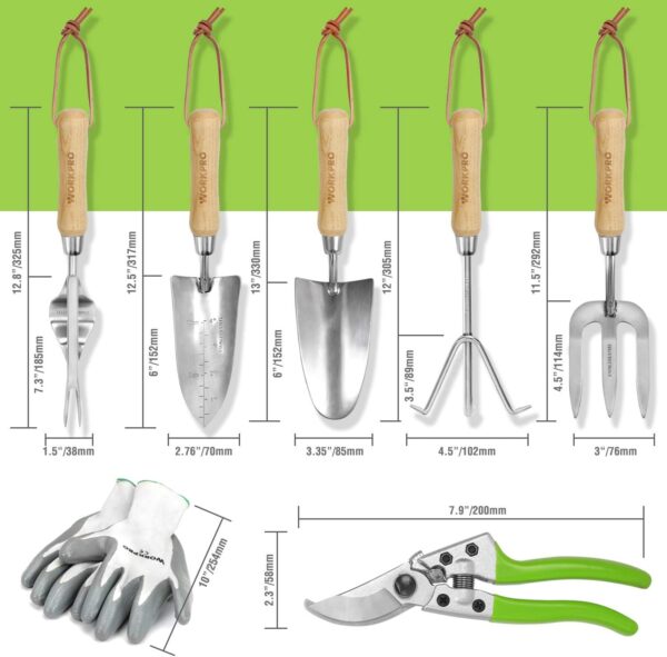 Garden Tools Set, 7 Piece, Stainless Steel Heavy Duty Gardening Tools with Wooden Handle, Including Garden Tote, Gloves, Trowel, Hand Weeder, Cultivator and More-Gardening Gifts for Women Men - Image 2