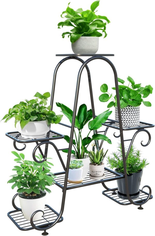 Plant Stand Metal Indoor Outdoor Multiple 6 Tier Tall Corner Flower Pot Holder Stands Shelf Rack Wrought Iron Tiered Planter Shelves for Patio, Living Room, Garden, Balcony, Black