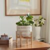 Ceramic Plant Pot with Wood Stand - 7.3 Inch Modern round Decorative Flower Pot Indoor with Wood Planter Holder, Beige and White - Image 3
