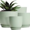 Plastic Planter 10/9/8/6 Inch Flower Pot Indoor Plastic Pots for Plants with Drainage Hole and Tray Modern Decorative for Gifts Succulents Flowers Cactus, Green