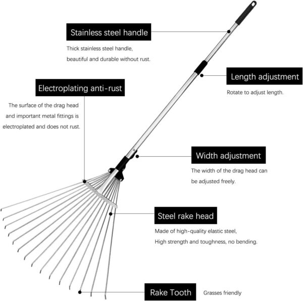 Adjustable Garden Leaf Rake - 24 to 63 Inch Telescopic Metal Rake, Expandable Folding Leaves Rake for Lawn Yard, Flowers Beds and Roof - Image 4