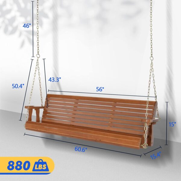 Upgraded Patio Wooden Porch Swing for Courtyard & Garden, Heavy Duty 880 LBS Swing Chair Bench with Hanging Chains for Outdoors (5 FT, Brown) - Image 2