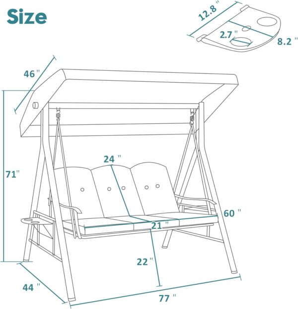 3 Seat Patio Swings with Canopy, Outdoor Porch Swing Chair with Stand, Adjustable Canopy Swing Sets for Backyard, Poolside, Balcony 4092 (Dark Grey) - Image 9