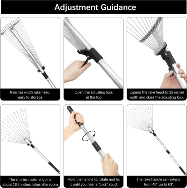 Adjustable Garden Leaf Rake - 24 to 63 Inch Telescopic Metal Rake, Expandable Folding Leaves Rake for Lawn Yard, Flowers Beds and Roof - Image 3
