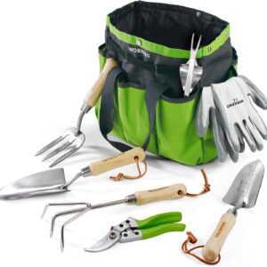 Garden Tools Set, 7 Piece, Stainless Steel Heavy Duty Gardening Tools with Wooden Handle, Including Garden Tote, Gloves, Trowel, Hand Weeder, Cultivator and More-Gardening Gifts for Women Men