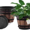 3 Pack 10 Inch Plant Pots,Whiskey Barrel Planters with Drainage Holes & Saucer, Plastic Decoration Flower Pots Imitation Wine Barrel Design, for Indoor & Outdoor Garden Home Plants (Brown)