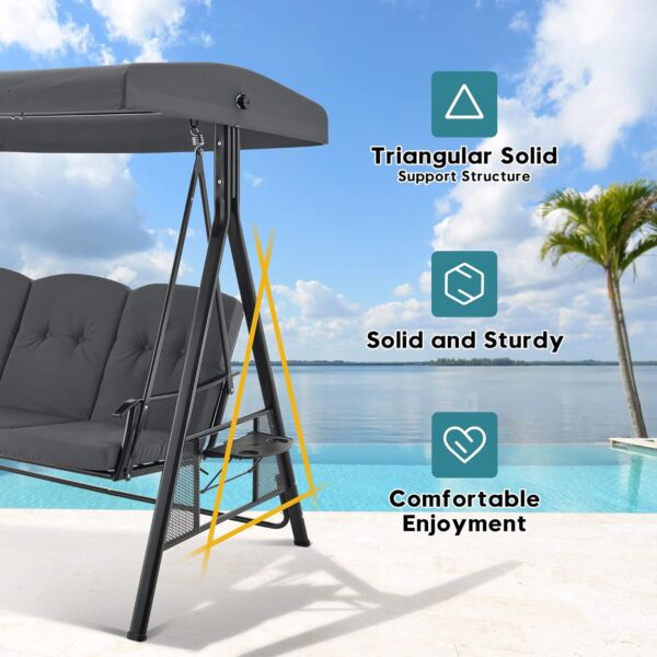 3 Seat Patio Swings with Canopy, Outdoor Porch Swing Chair with Stand, Adjustable Canopy Swing Sets for Backyard, Poolside, Balcony 4092 (Dark Grey) - Image 4