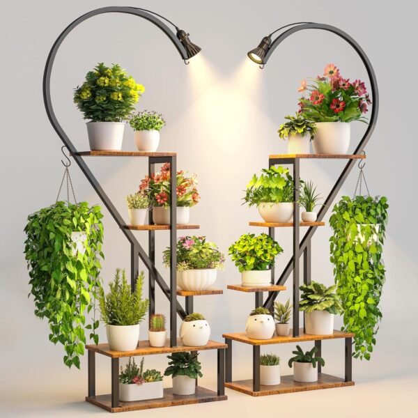 Tall Tiered Metal Plant Stand with Grow Lights for Indoor Plants Multiple, Large Plant Holder Display Shelf, Half Heart Shape Plant Rack for Living Room, Patio, Balcony