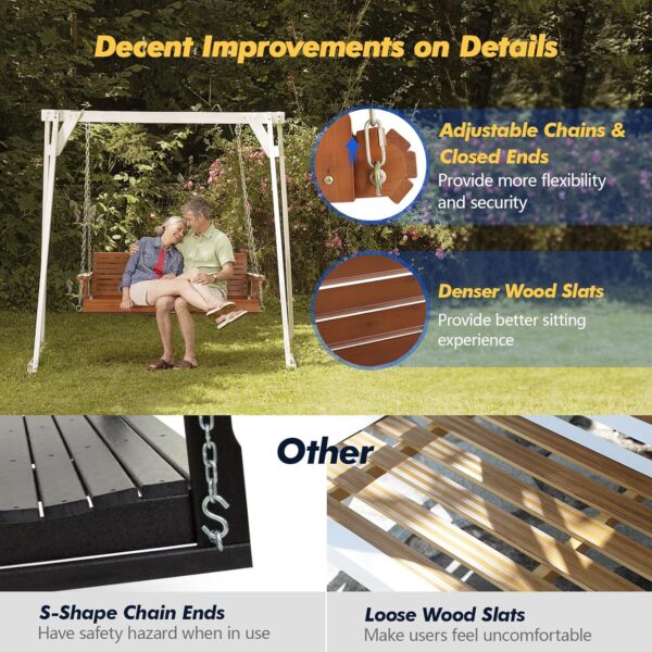 Upgraded Patio Wooden Porch Swing for Courtyard & Garden, Heavy Duty 880 LBS Swing Chair Bench with Hanging Chains for Outdoors (5 FT, Brown) - Image 3