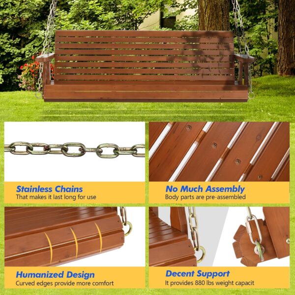 Upgraded Patio Wooden Porch Swing for Courtyard & Garden, Heavy Duty 880 LBS Swing Chair Bench with Hanging Chains for Outdoors (5 FT, Brown) - Image 4