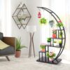 5 Tier Metal Plant Stand Indoor, Tall Half Moon Plant Stands, Heart Shape Flower Pot Shelves for Planter Display with 3 “S” Hooks, Best for Home Garden Balcony Patio( 1 Pack, Black)