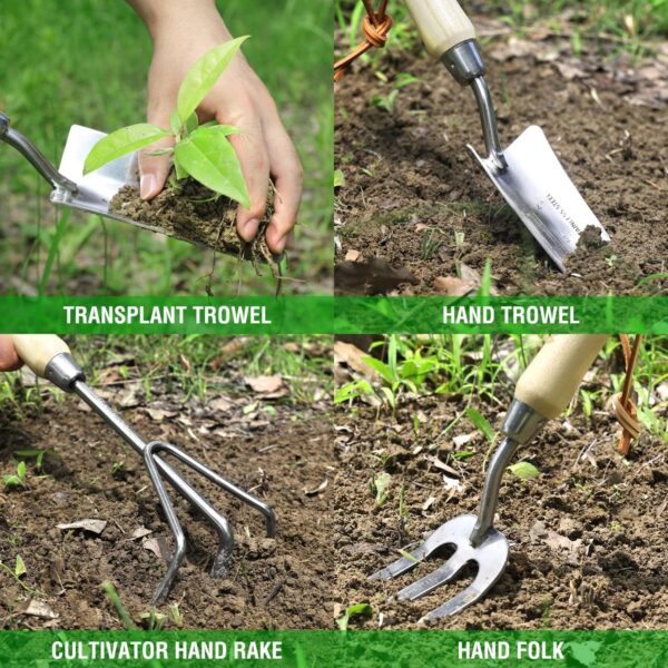 Garden Tools Set, 7 Piece, Stainless Steel Heavy Duty Gardening Tools with Wooden Handle, Including Garden Tote, Gloves, Trowel, Hand Weeder, Cultivator and More-Gardening Gifts for Women Men - Image 3
