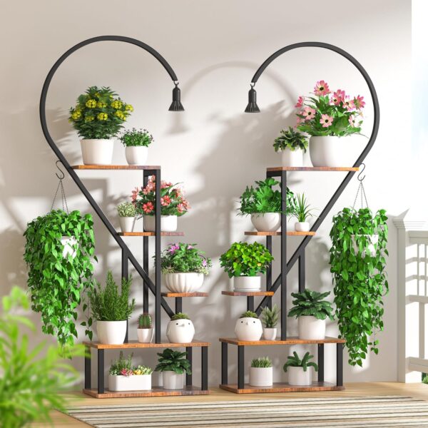 Tall Tiered Metal Plant Stand with Grow Lights for Indoor Plants Multiple, Large Plant Holder Display Shelf, Half Heart Shape Plant Rack for Living Room, Patio, Balcony - Image 4