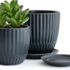 Set of 2 Stoneware Planter Pot, Ceramic Pot with Drainage Hole and Saucers, 4.5 Inch 5.8 Inch, Charcoal Grey, 99-D-CG