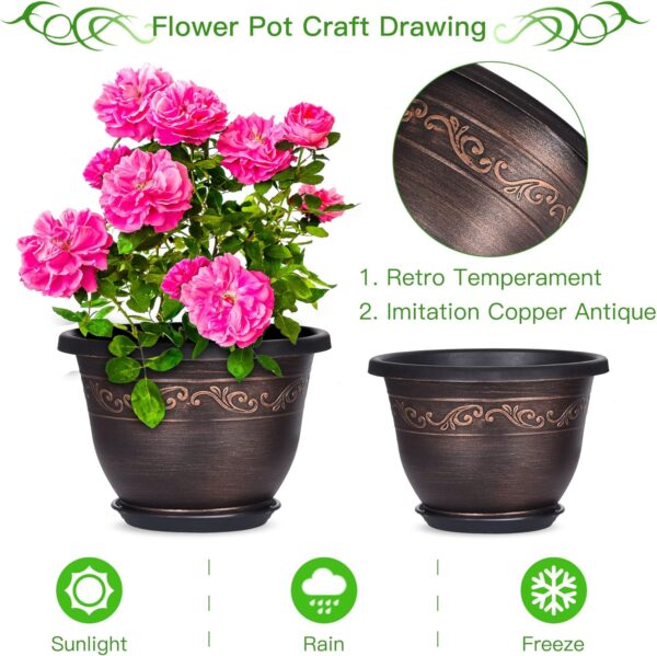 Plastic-Plant-Flower-Planters-10 Inch with Drainage Hole & Saucer, 3 Packs Lightweight Small Resin Pot Indoor Outdoor, Retro Antique Imitation Decorative Garden Containers Sets for Houseplants - Image 3