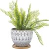 5.5 Inch Large round Bohemian Style Ceramic Planter, Geometry Engrave off White Brown Succulent Planter Flower Pot, Indoor Outdoor Decorative Planter