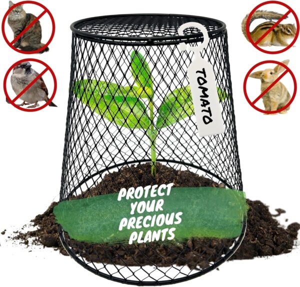 Chicken Wire Plant Cover – 6 Garden Cloche Baskets, Cage Protectors from Animals and Rabbits, Includes 18 Garden Stakes and 10 Waterproof Labels (Black) - Image 4