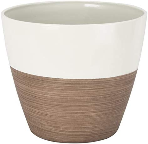 Planter Pot - round Durable Resin 8” Pot - UV Coated Finish to Prevent Fading - Modern Look Flower Pot for Patio, Porch, Outdoor or Indoor (8", Ivory/Wood)
