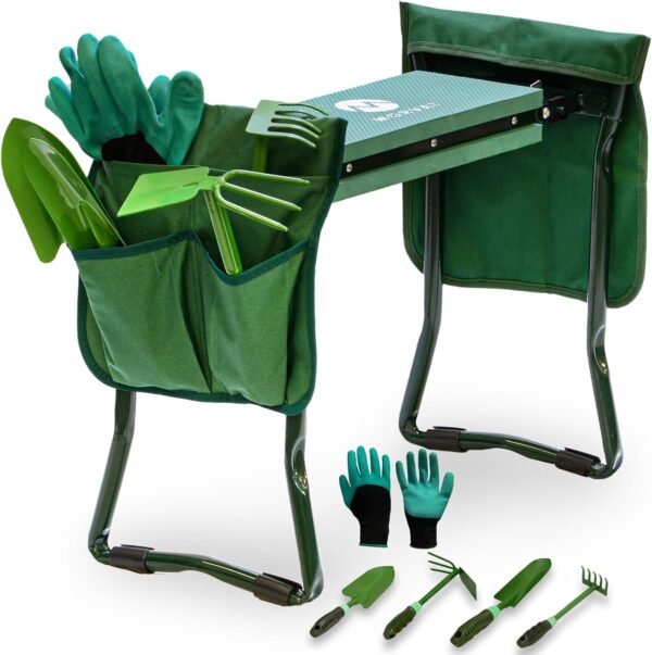 Heavy Duty Garden Kneeler and Bench Stool Seat for Men Women & Seniors, Includes EVA Foam Pad Knee Protectant with Added Safety Locks, plus Pair of Gardening Gloves, 4 Digging Tools & 2 Bags