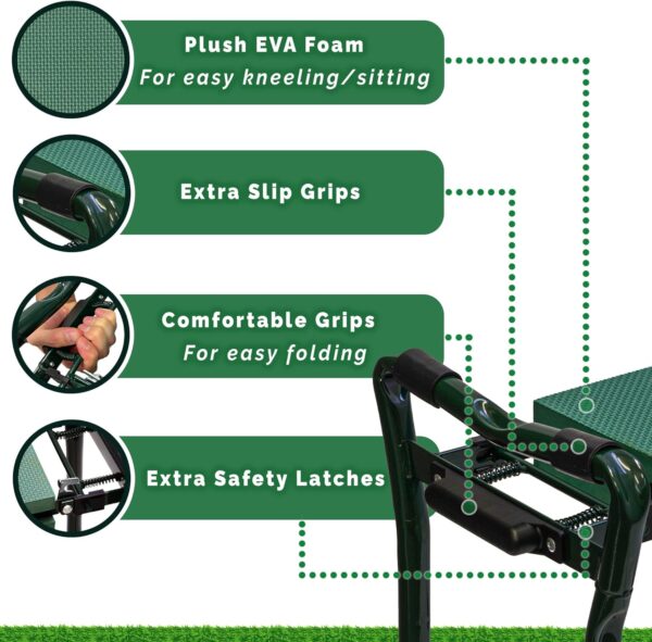 Heavy Duty Garden Kneeler and Bench Stool Seat for Men Women & Seniors, Includes EVA Foam Pad Knee Protectant with Added Safety Locks, plus Pair of Gardening Gloves, 4 Digging Tools & 2 Bags - Image 5