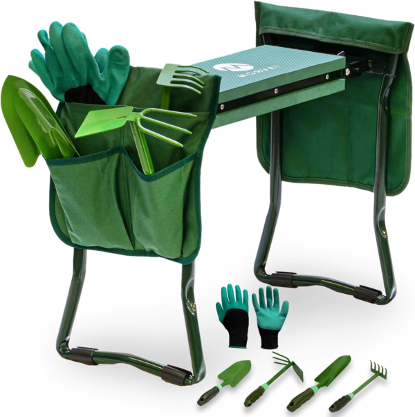 Heavy Duty Garden Kneeler and Bench Stool Seat for Men Women & Seniors, Includes EVA Foam Pad Knee Protectant with Added Safety Locks, plus Pair of Gardening Gloves, 4 Digging Tools & 2 Bags - Image 2